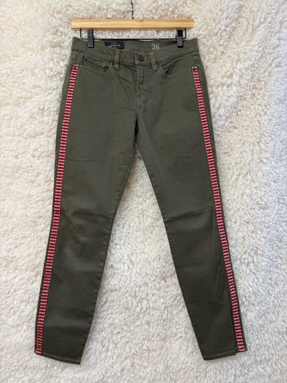 J. Crew Olive Green Toothpick Pants with Subtle Metal Details